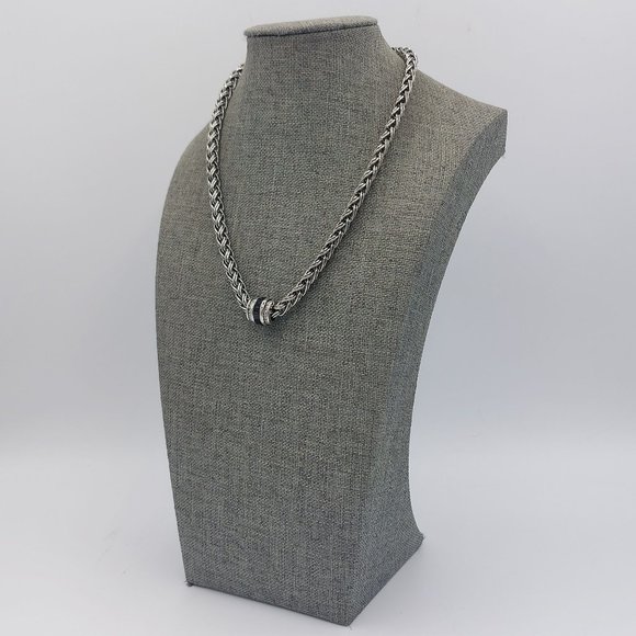 Necklace Silver Toned Wheat Braid Chain Hook Closure Barrel Black Clear Crystal - Picture 2 of 7